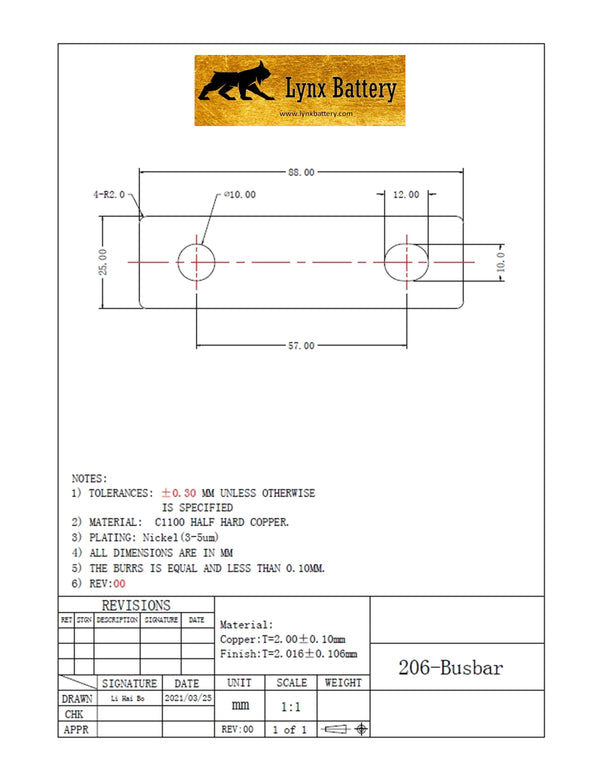 Gauntlet Battery LiFePO4 Cell Copper Nickel-Plated Bus Bar Connectors For 200A Prismatic Cells